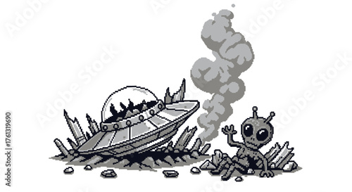 Cartoon illustration of a crashed UFO with an alien, surrounded by debris and smoke