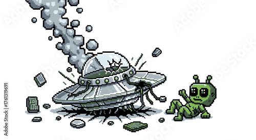 Whimsical pixel art illustration of a comical UFO crash, with a dazed green alien lying beside the smoking wreckage of his flying saucer
