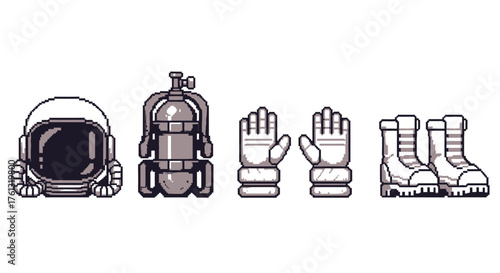 A collection of monochrome pixel art icons depicting essential astronaut equipment for space exploration