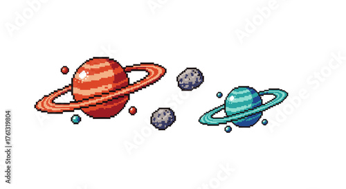 A retro pixel art illustration of a colorful solar system with ringed planets and asteroids floating in deep space