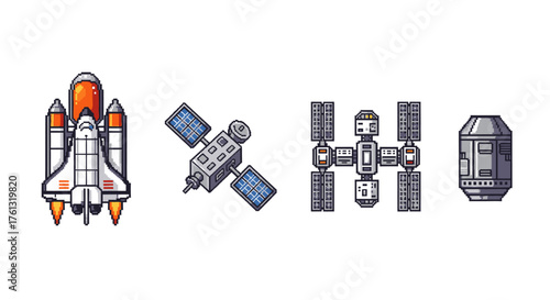 A collection of pixel art spacecraft icons including a shuttle, satellite, and space station for a retro video game design