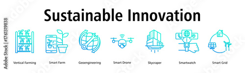 Sustainable Innovation banner web icon vector illustration concept with icon of vertical farming, smart farm, geoengineering, smart drone, skycraper, smartwatch, smart grid
