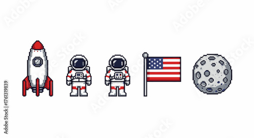 Pixelated Space Exploration Icons Rocket, Astronauts, American Flag, and Moon, Representing the Cosmos