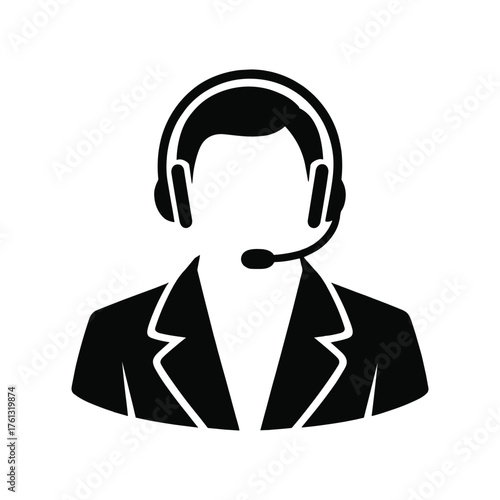 Black silhouette of a person wearing a headset and suit jacket microphone