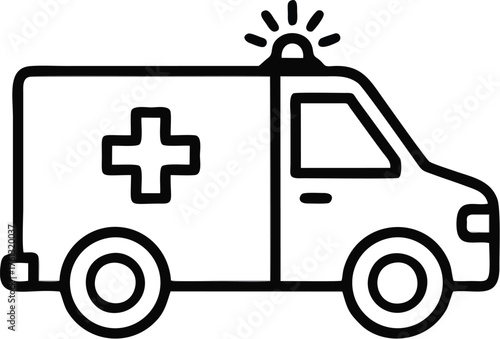 Line art illustration of an ambulance with a cross and flashing light.