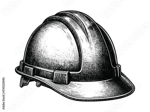 Construction safety helmet detailed drawing showcases protective headgear essential for industrial, engineering, and building site safety. Hand-drawn style with fine texture.