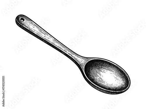 Hand drawn wooden cooking spoon illustration for recipe books, culinary designs, traditional kitchen decor, and vintage utensil collections.