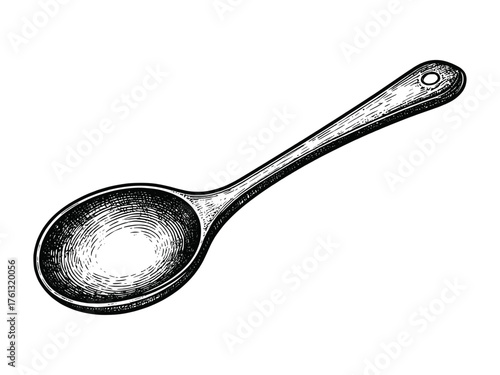 Vintage wooden kitchen spoon utensil, detailed hand-drawn black and white engraving style, perfect for culinary, restaurant, or rustic food design projects.