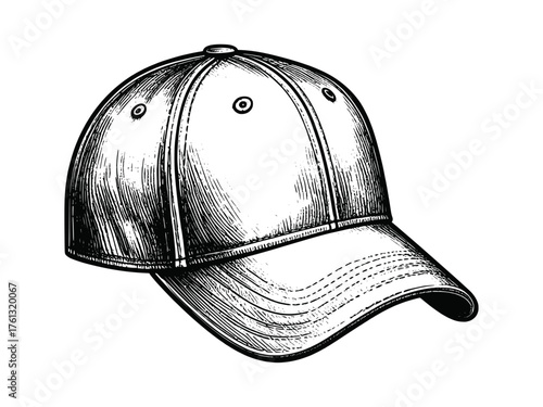Baseball cap detailed sketch drawing, classic headwear with stitching lines, hand-drawn style, isolated on white background for fashion or branding use.