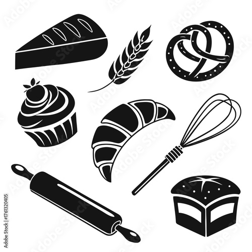 Collection of black silhouette baking icons including bread cupcake croissant pretzel wheat and kitchen tools