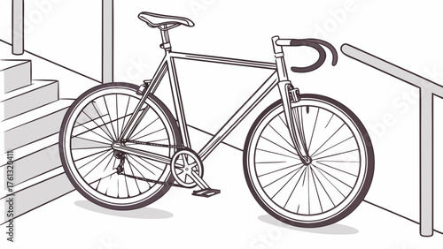 A bicycle parked next to stairs and a metal railing with a white background in a simple line drawing