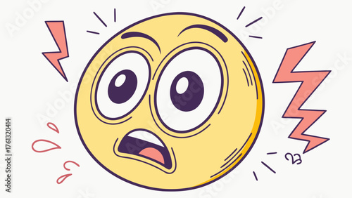 Yellow emoji face with wide eyes and open mouth surrounded by lightning bolts and sweat drops cartoon