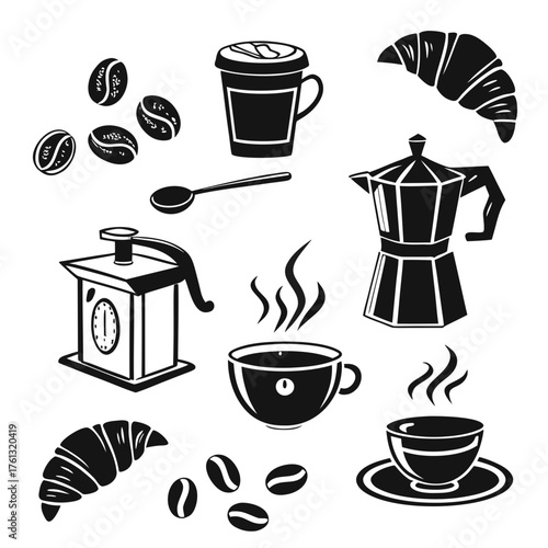 Collection of black and white hand drawn coffee icons including beans cups croissants and coffee maker