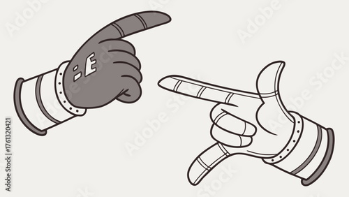Two cartoon hands with gloves pointing to the right and to the left on a light background