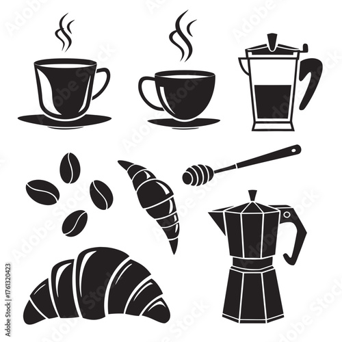 Collection of black silhouette icons representing coffee cups croissants coffee beans a french press and a moka pot