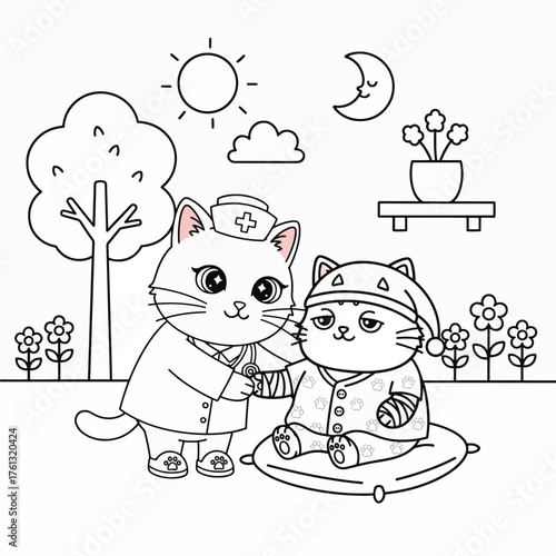 Cute Cartoon Kittens Get Medical Care in a Whimsical Garden Setting