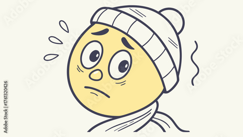 Cartoon character with a worried expression wearing a hat and scarf feeling unwell and sweating heavily
