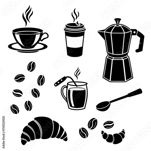 Collection of black coffee related icons including a cup takeaway cup moka pot coffee beans croissant and spoon
