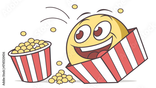 Cartoon emoji character with popcorn bucket and box with red and white stripes illustration design