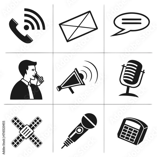 Collection of communication icons including telephone email speech bubble man talking megaphone microphones satellite and calculator