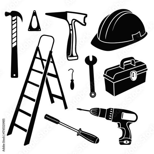 Collection of black silhouette construction and repair tools including a ladder and hard hat