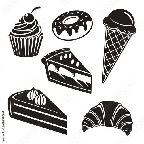 Collection of black and white pastry icons including a cupcake donut ice cream cone cake slices and croissant