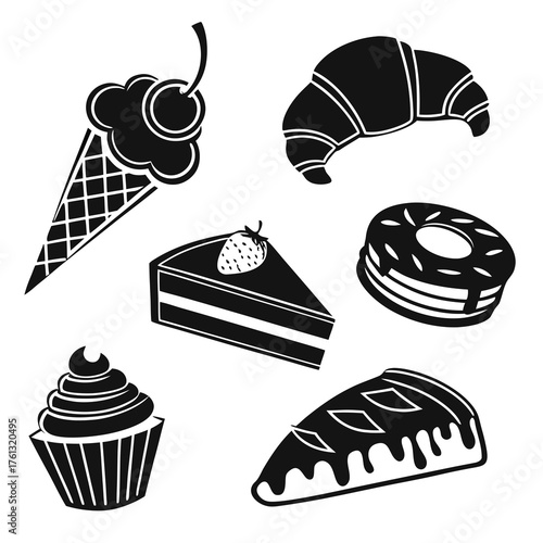 Collection of black silhouette icons representing various sweet desserts including ice cream cake croissant cupcake and donut