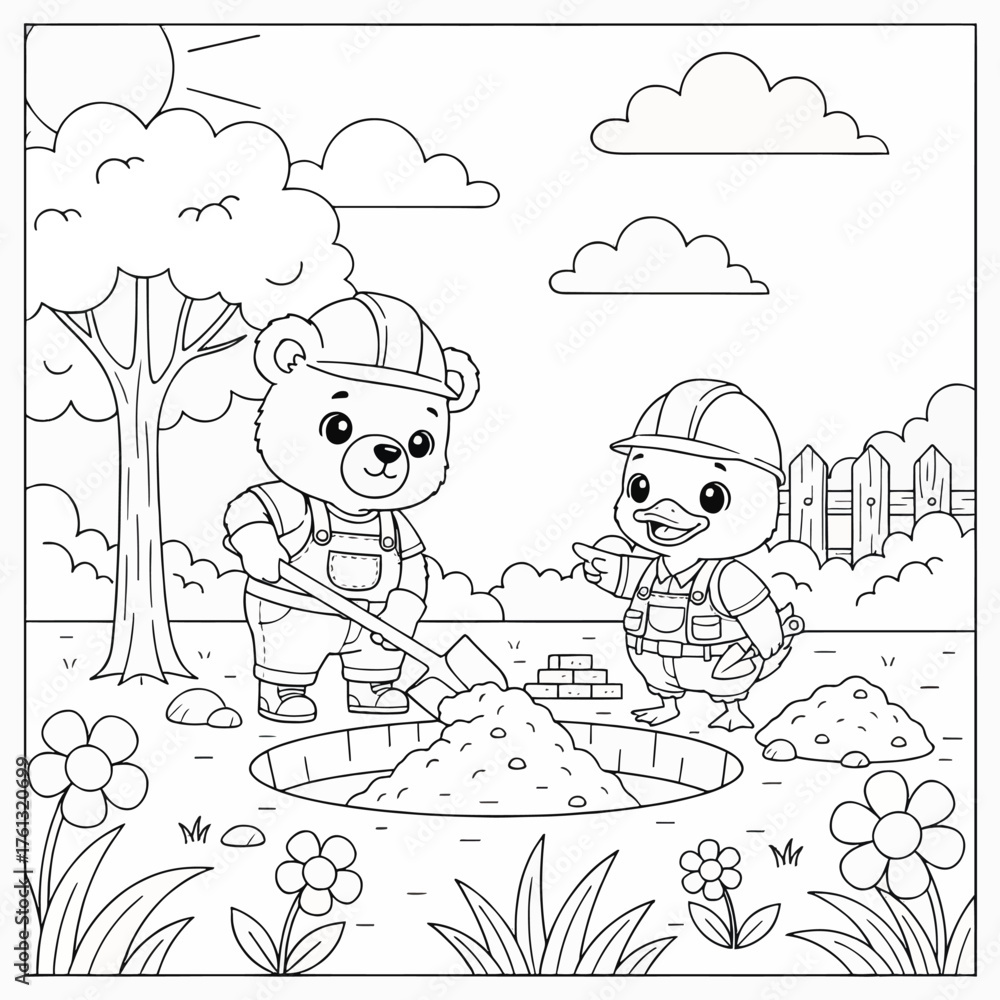 Fototapeta premium Cute Animals Building a Playground Scene Together for Coloring Fun