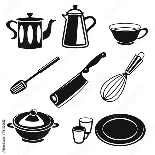 Collection of black silhouette kitchen utensils and cookware including teapots cups knife whisk and serving dish