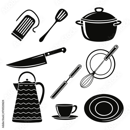 Collection of black silhouette kitchen utensils and cookware including a pot knife whisk and thermos