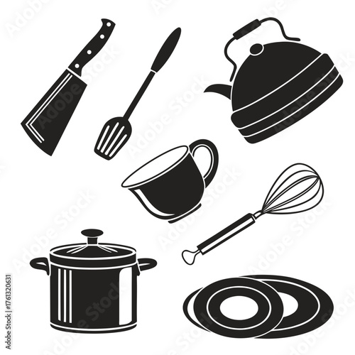 Collection of black silhouette kitchen utensils including a pot kettle knife spatula whisk and plates