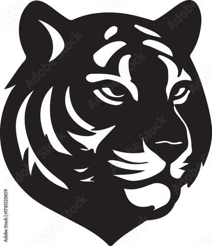 Tiger's Intensity: A bold black and white depiction of a tiger, its piercing gaze commanding attention, symbolizing strength and wild essence.