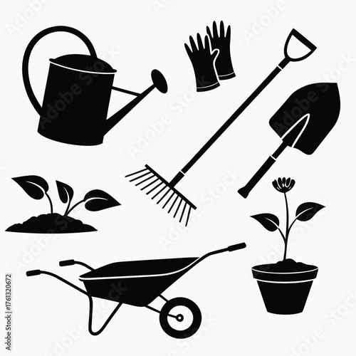 Collection of black silhouette gardening tools and plants for outdoor garden work
