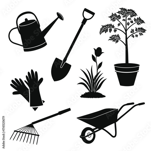 Collection of black silhouettes of gardening tools and plants on a white background