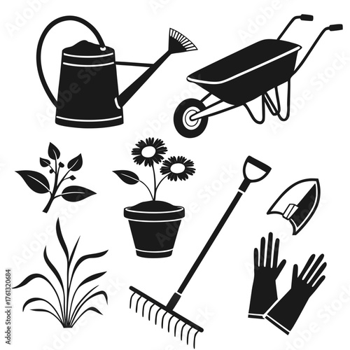 Collection of black silhouette garden tools and plants for outdoor gardening and planting activities