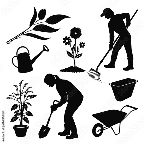 Collection of garden silhouettes featuring people plants tools and watering can