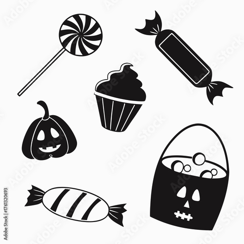 Collection of black halloween icons featuring candy pumpkin cupcake and trick or treat bucket