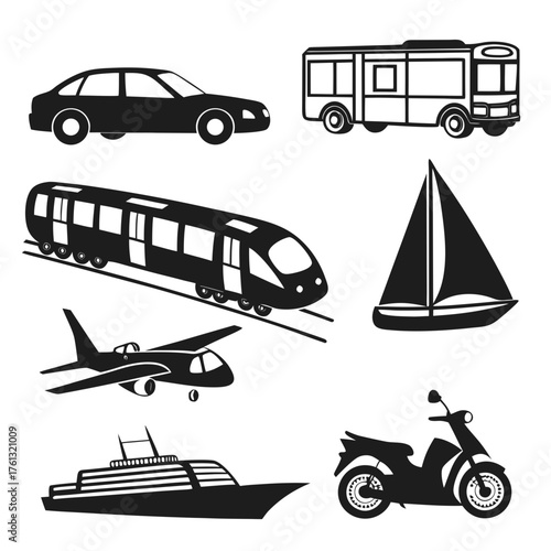 Collection of black silhouette icons representing various modes of transportation on a white background
