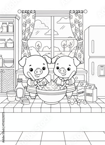 Two Cute Piglets Cooking Together in a Cozy Kitchen Scene