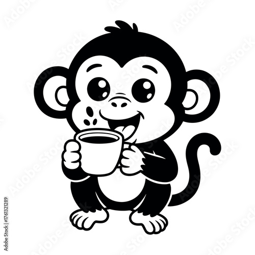 Cute cartoon monkey enjoying a warm cup of coffee with a happy smile