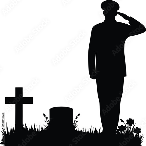 Soldier saluting at a grave with cross and flowers