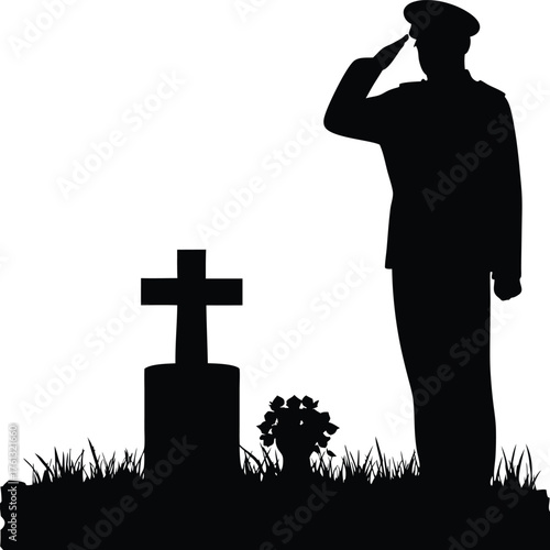 Soldier saluting at a grave with flowers military salute