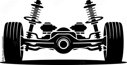 Car rear axle with wheels and suspension components silhouette vector