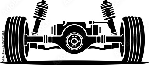 Car rear axle with wheels and suspension components silhouette vector