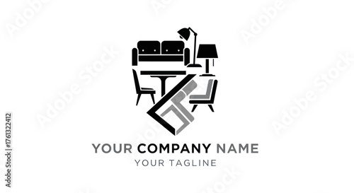 Elegant Interior Design Logo Featuring Furniture and Modern Lettering.