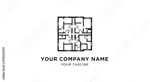Architectural blueprint logo design featuring a detailed floor plan concept.