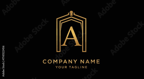 Elegant Golden Letter A Logo Design with Architectural Frame.