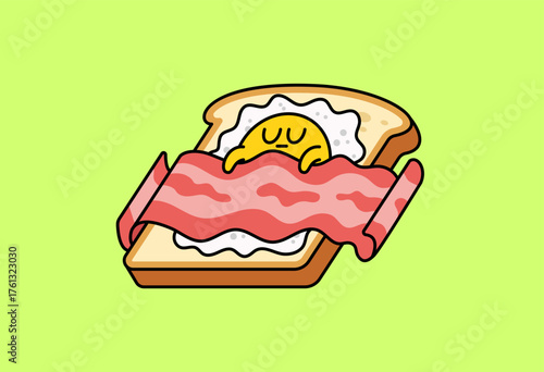 Vector illustration of a cartoon egg sleeping on toast with bacon blanket