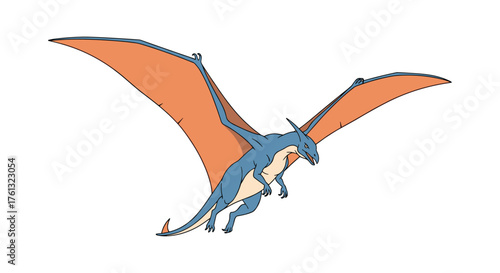 A majestic blue dragon with large orange wings soars through the sky.