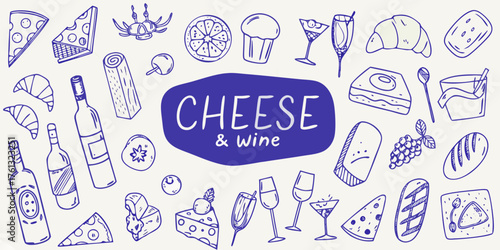 Hand drawn doodle style cheese and wine collection with various food and drink elements